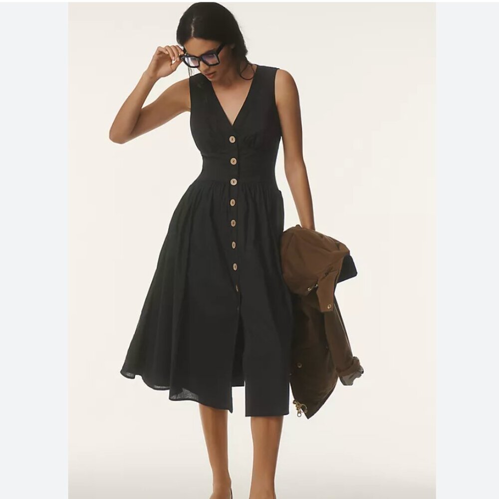 Hutch Indy Black Button-Front Drop Waist Cotton Sleeveless Midi Dress Sz 6 NWT